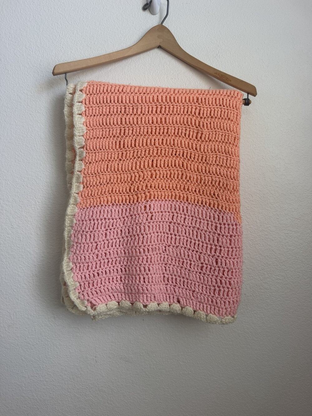 Handmade Pink~Peach~Ivory Crochet Knit Baby Blanket Quilt 64”x33”